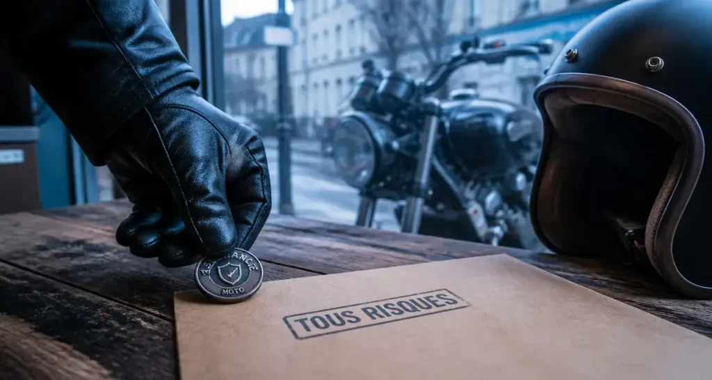 Assurance moto roadster : police “Tous Risques” près d’un casque et d’une moto roadster
