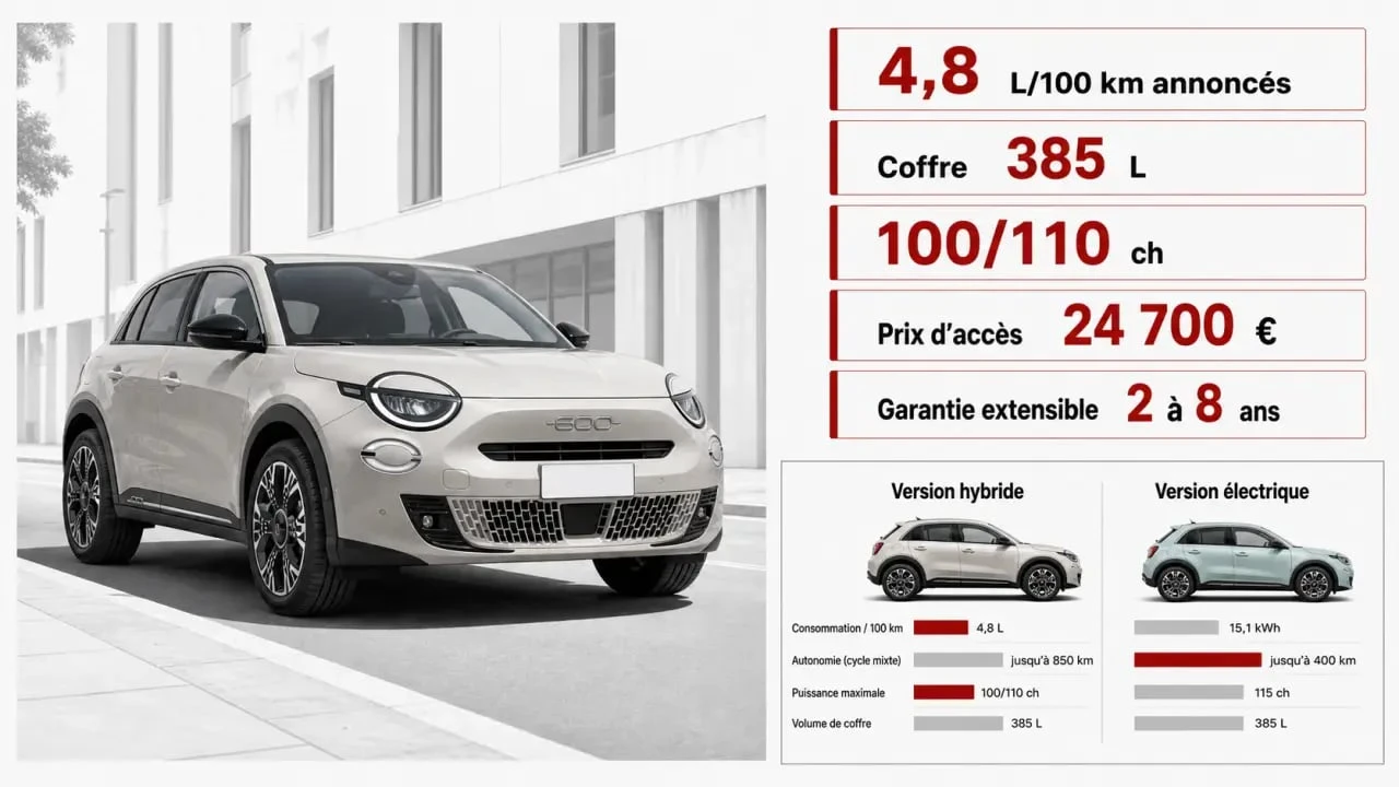 Fiat 600 hybride avis avec chiffres clés, coffre 385 L et comparaison hybride vs électrique