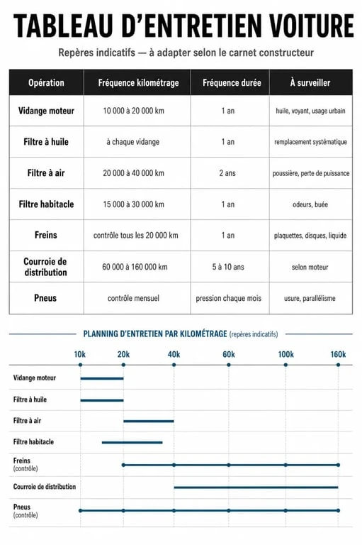 Tableau entretien voiture avec fréquences de vidange, filtres, freins et courroie