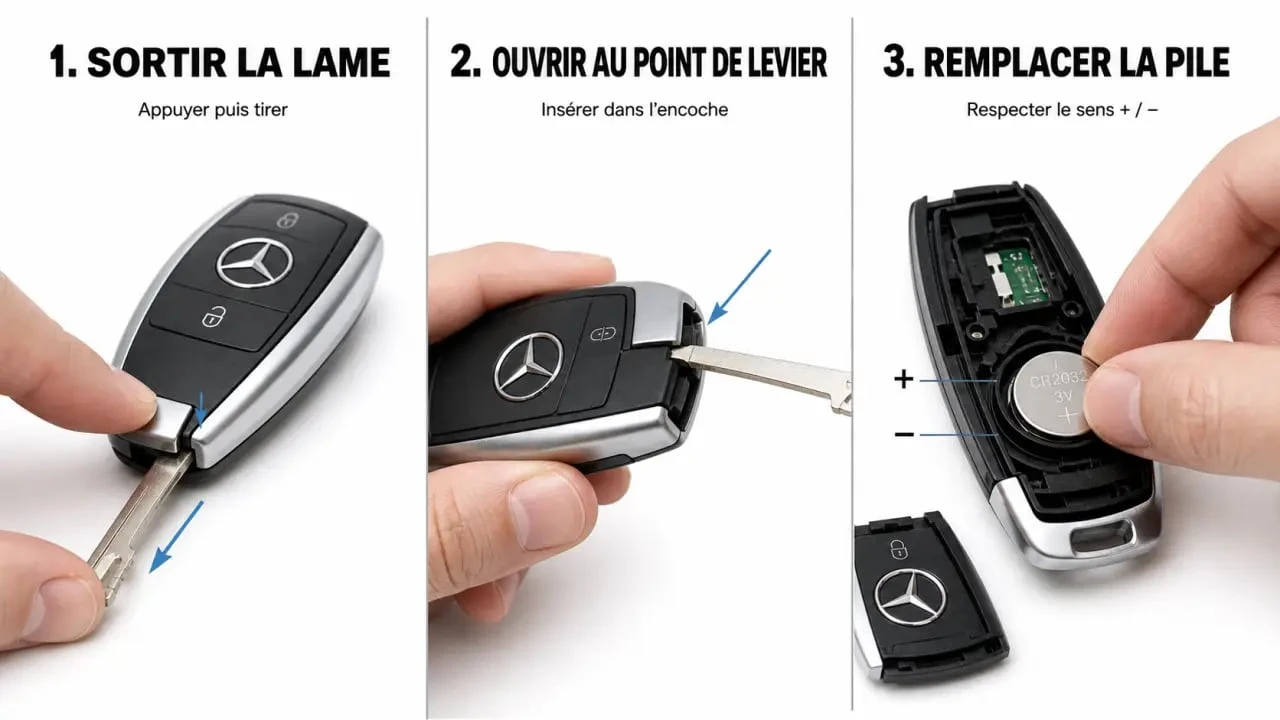 Changer pile clé mercedes : ouverture de la clé Mercedes et remplacement de la pile bouton