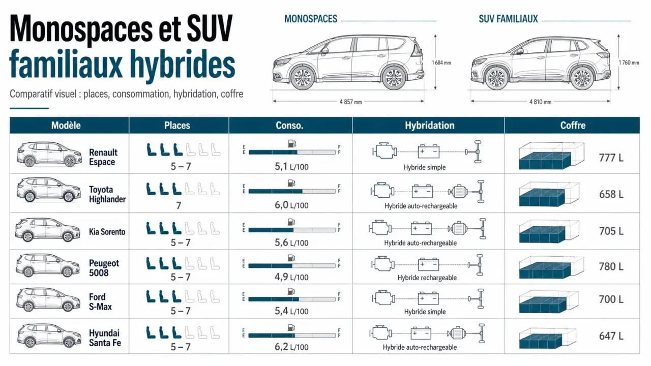 Comparatif monospace hybride avec les principaux modèles familiaux et leurs repères de consommation, places et hybridation