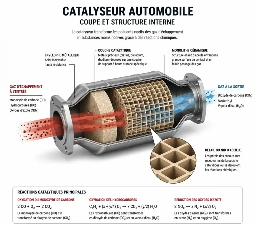 Schéma de fonctionnement d'un catalyseur automobile pour diagnostiquer les symptômes de panne