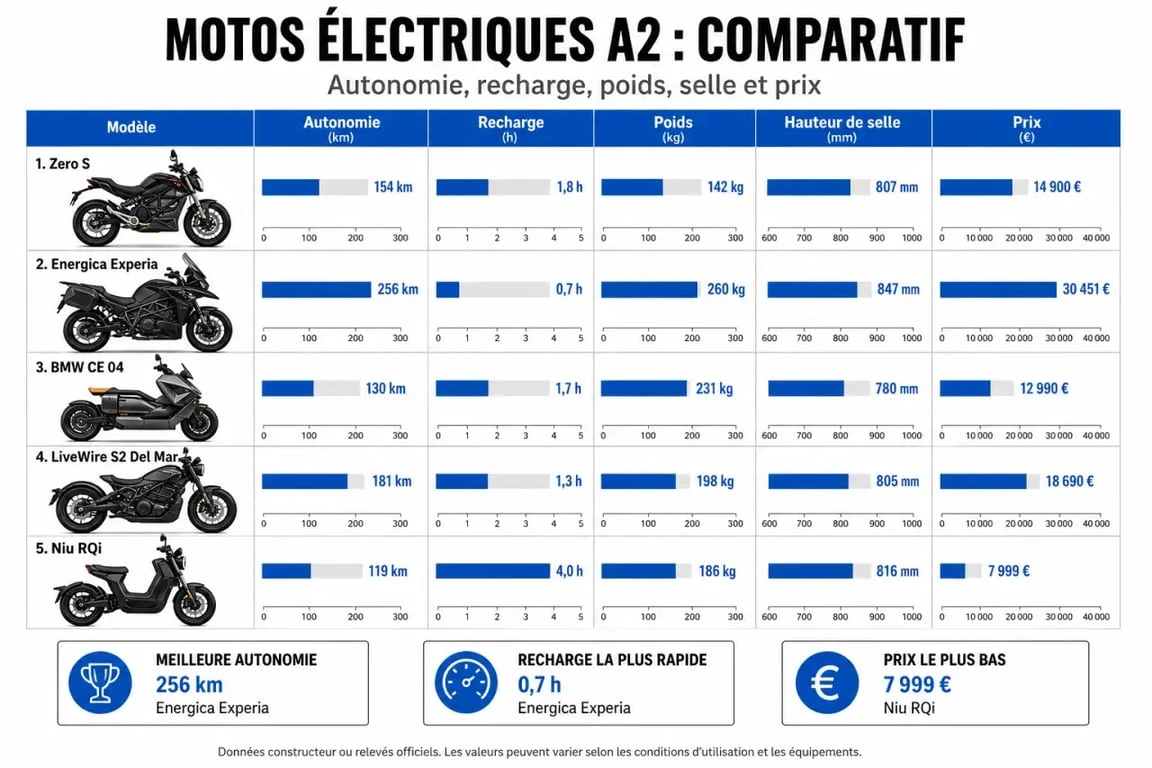 Comparatif visuel moto électrique A2 avec autonomie, recharge, poids et prix