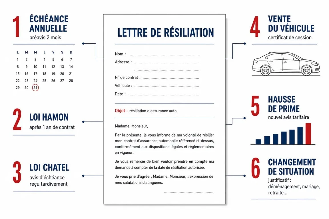 Lettre modèle résiliation assurance auto : schéma des motifs, délais et justificatifs