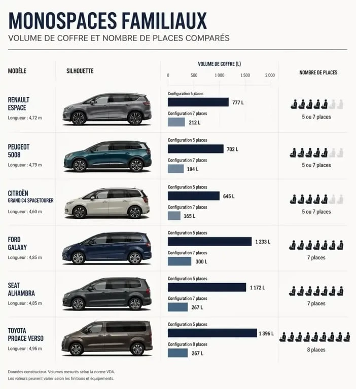 Comparatif des meilleurs monospaces : volume de coffre et places assises pour choisir le meilleur monospace familial.