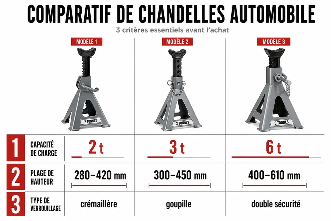 Chandelles automobile : comparatif des capacités de charge, hauteurs et verrouillages