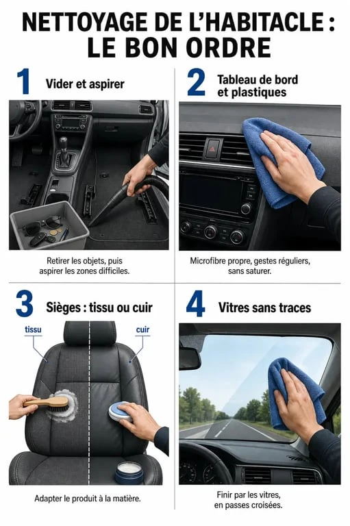 Nettoyage habitacle voiture en étapes avec aspiration, microfibre, sièges et vitres