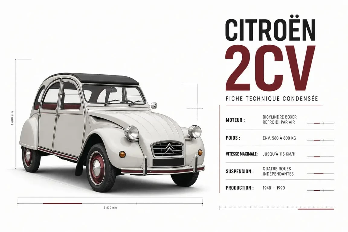 Citroën 2CV : visuel éditorial sur son histoire et ses caractéristiques techniques