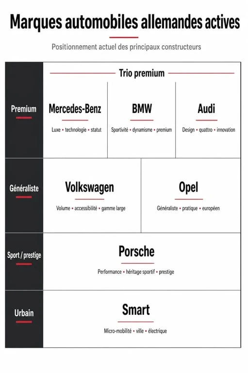 Infographie voiture allemande marque comparant les principales marques allemandes actives selon leur positionnement