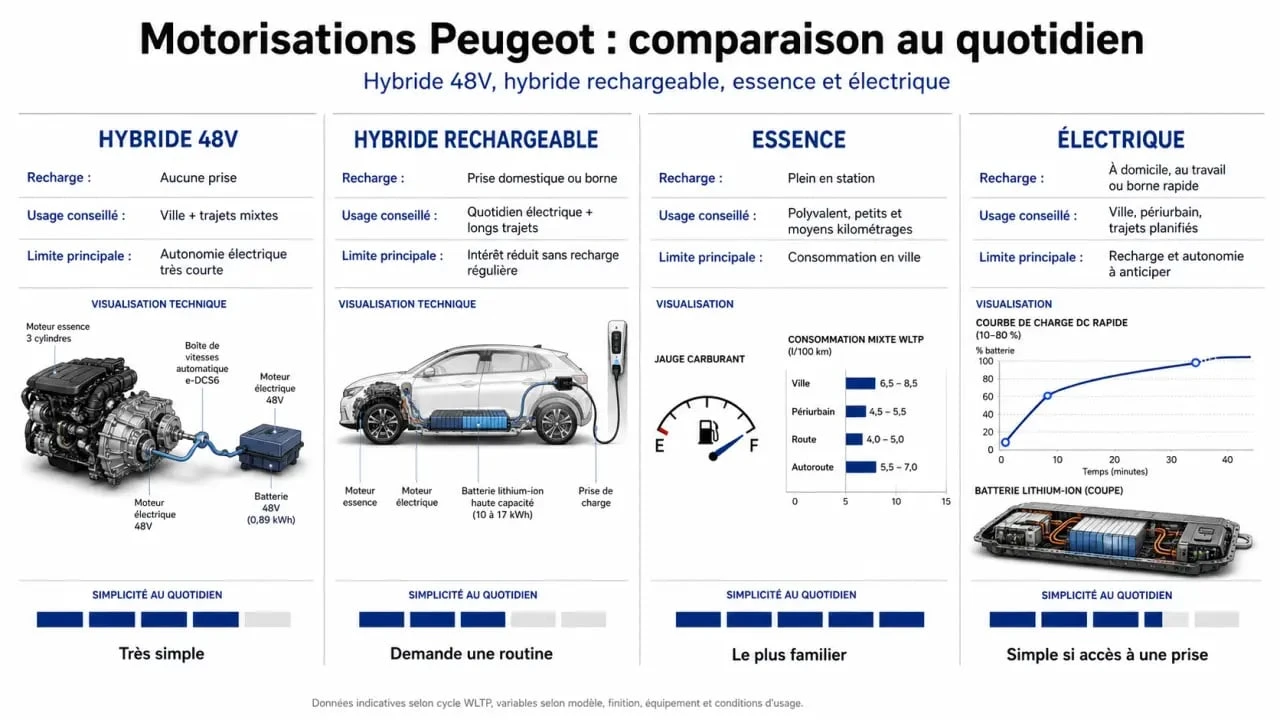 Hybride Peugeot : comparaison 48V, rechargeable, essence et électrique