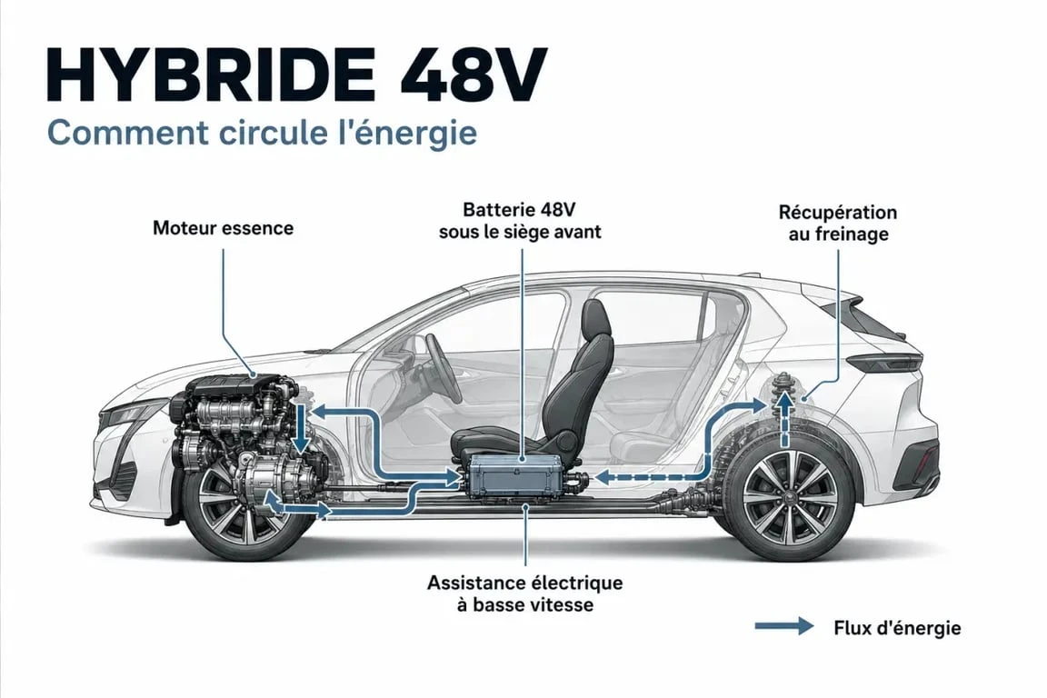 Hybride Peugeot : schéma du fonctionnement 48V sans prise ni borne