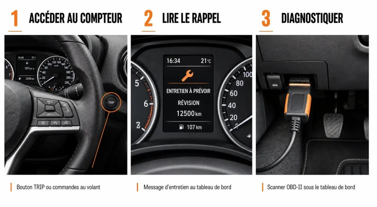 Remise a zero nissan juke : illustration des étapes du bouton Trip, du témoin d’entretien et du scanner OBD-II