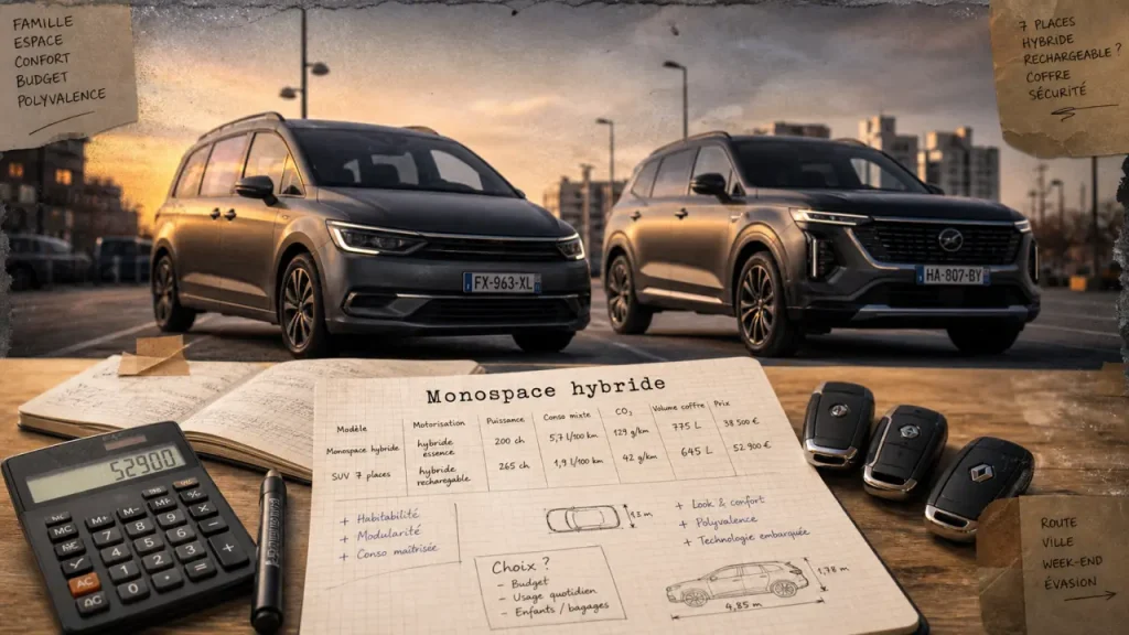 Monospace hybride 7 places : coffre et consommation, clés et comparatif