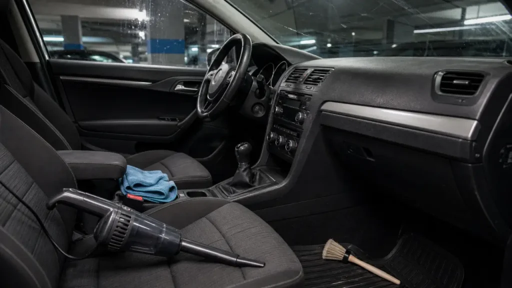 Nettoyage habitacle voiture : aspirateur sur moquette, microfibre et brosse