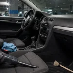 Nettoyage habitacle voiture : aspirateur sur moquette, microfibre et brosse