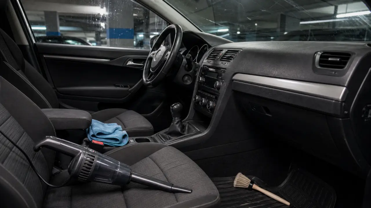 Nettoyage habitacle voiture : aspirateur sur moquette, microfibre et brosse