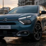 Nouvelle c4 hybride 2025 sur parking urbain humide
