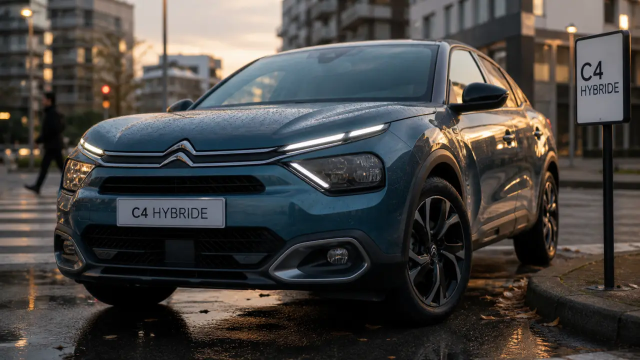 Nouvelle c4 hybride 2025 sur parking urbain humide