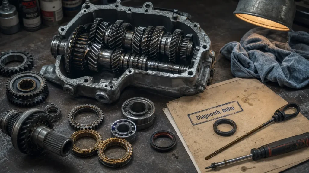 Réparer boite de vitesse : boîte ouverte, fuite et bruit, diagnostic