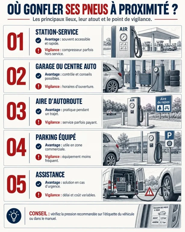 Infographie pour choisir une station de gonflage pneu à proximité selon l’urgence et le type de service