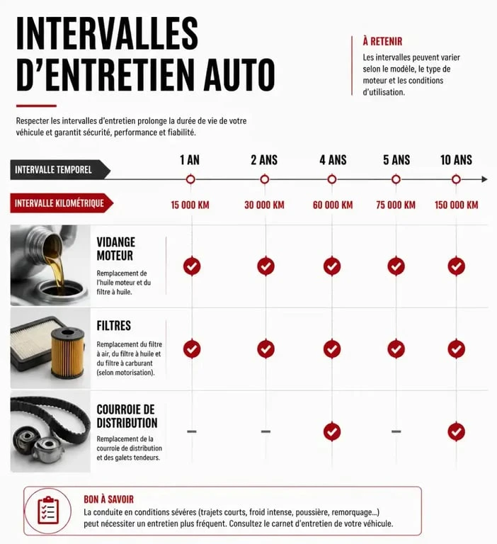 Infographie du plan d'entretien voiture : intervalles recommandés pour vidange et courroie