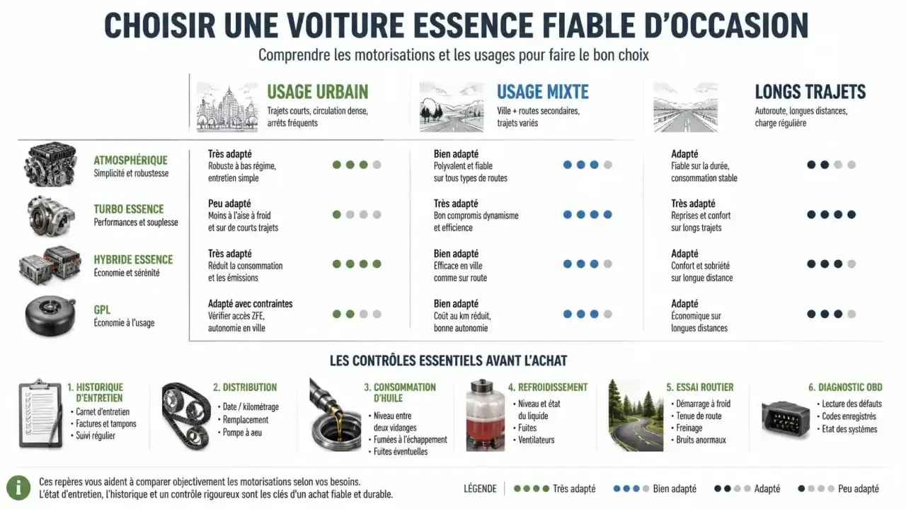 Voiture essence fiable : critères de choix, motorisations et contrôles avant achat