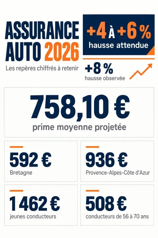 Infographie sur l’augmentation assurance auto 2026 selon les régions et les profils de conducteurs