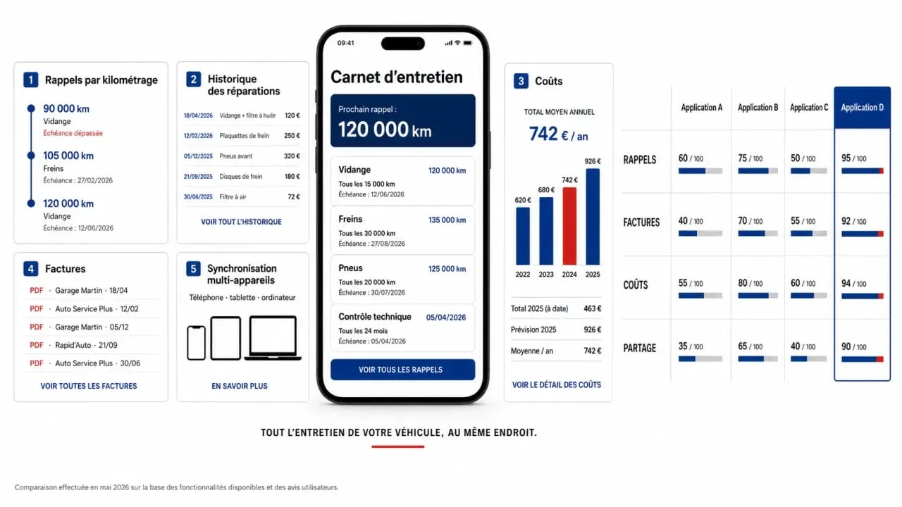 Application suivi entretien voiture affichée sur smartphone avec rappels, coûts, historique et documents