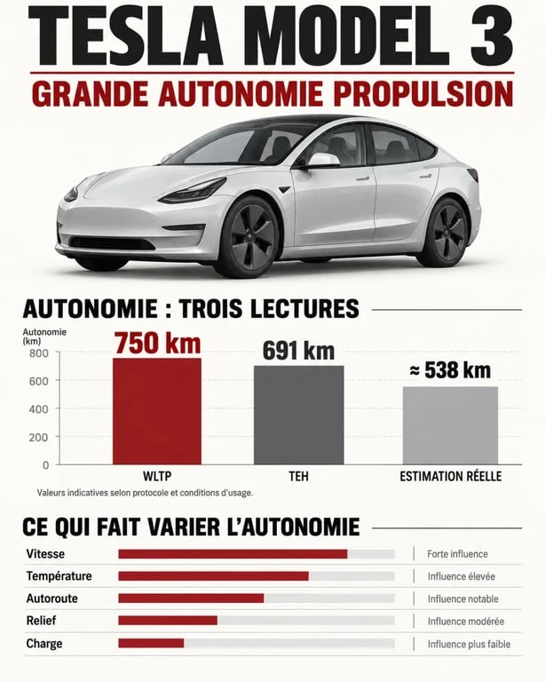 Infographie de l’autonomie de la Tesla Model 3 Grande Autonomie Propulsion entre WLTP et conditions réelles