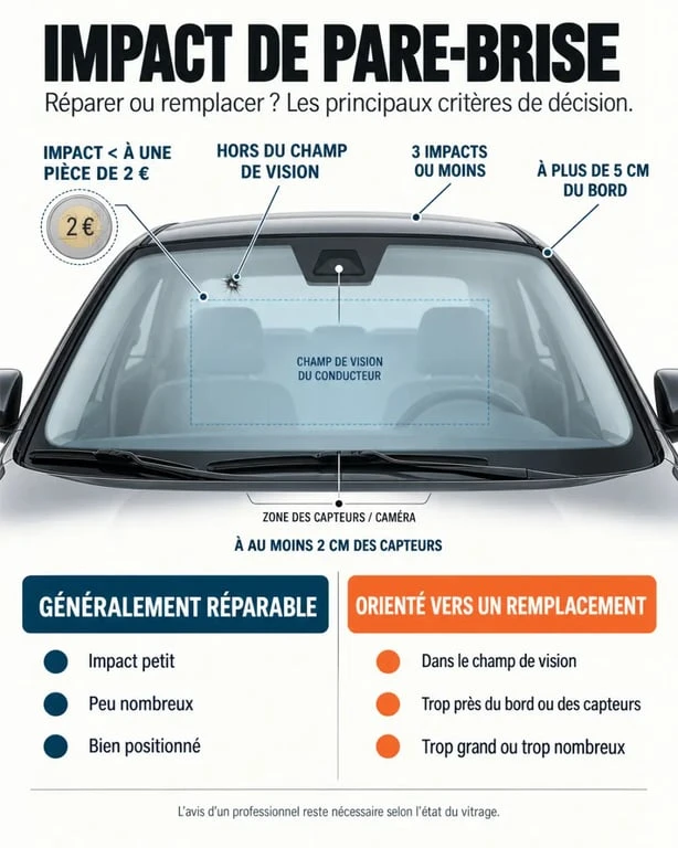 Réparation impact pare-brise : critères de réparabilité et cas nécessitant un remplacement