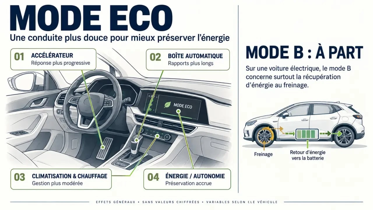 Schéma du mode Eco voiture et de ses effets sur la consommation et l’autonomie