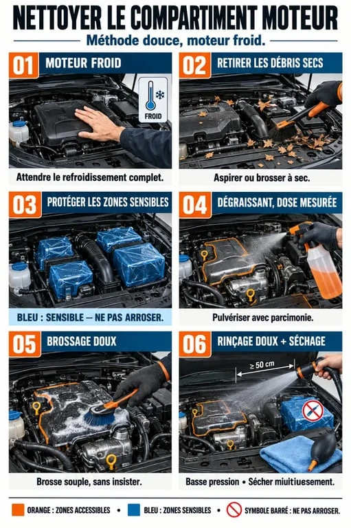 Nettoyage voiture moteur : étapes et protection des composants électriques du compartiment moteur
