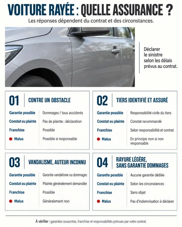 Infographie sur une voiture rayée et l’assurance selon l’origine du dommage