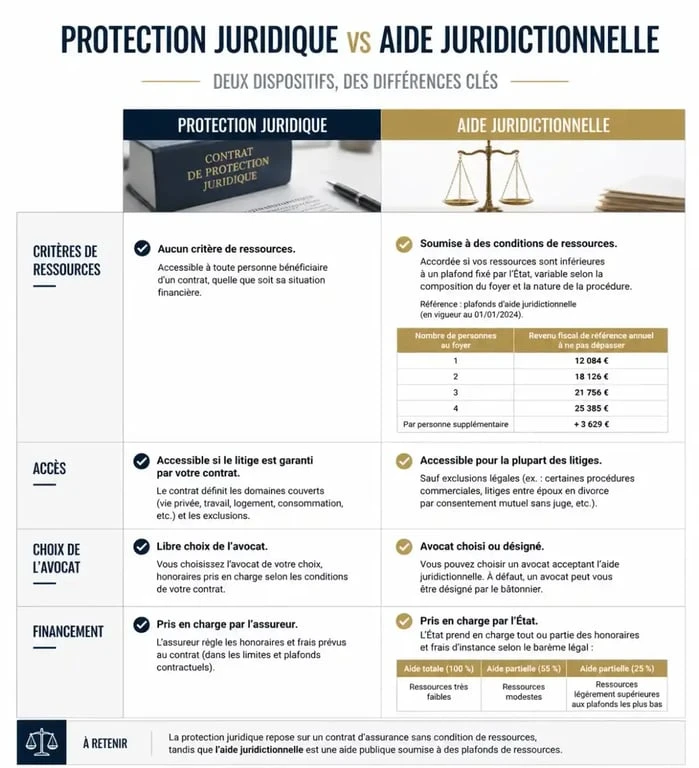 Tableau comparatif protection juridique vs aide juridictionnelle pour comprendre à quoi ça sert