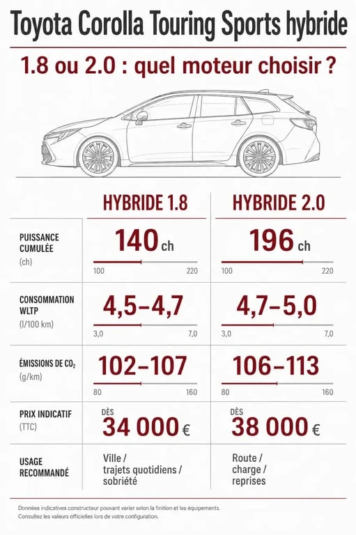 Comparatif Toyota break hybride Corolla Touring Sports 1.8 et 2.0 avec consommation, CO2 et prix