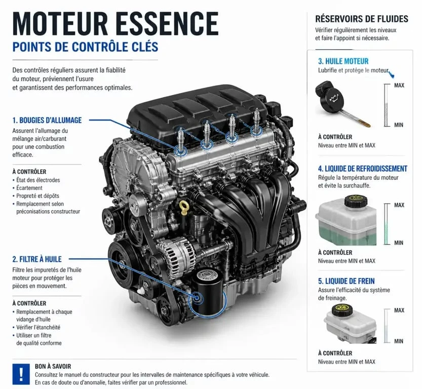 Schéma des points de contrôle pour l'entretien d'une voiture essence