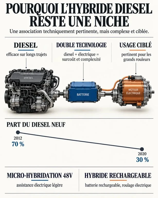 Infographie sur la rareté et les usages de l’hybride diesel