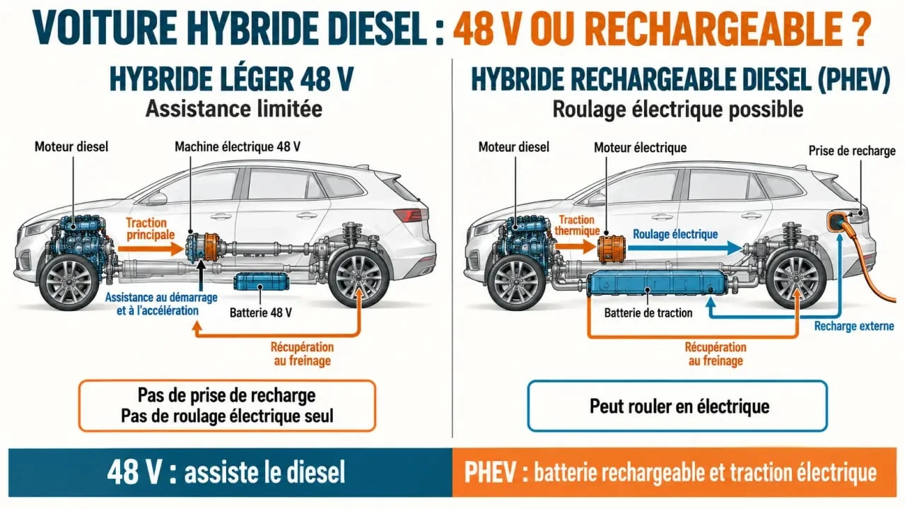 Schéma du fonctionnement d’une voiture hybride diesel avec assistance 48V et recharge rechargeable