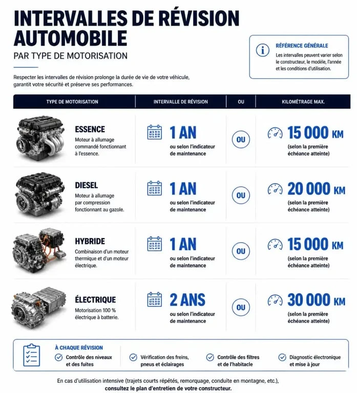 Tableau récapitulatif des intervalles de révision voiture par motorisation