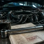 Entretien voiture essence : clé dynamométrique, huile et filtre en atelier