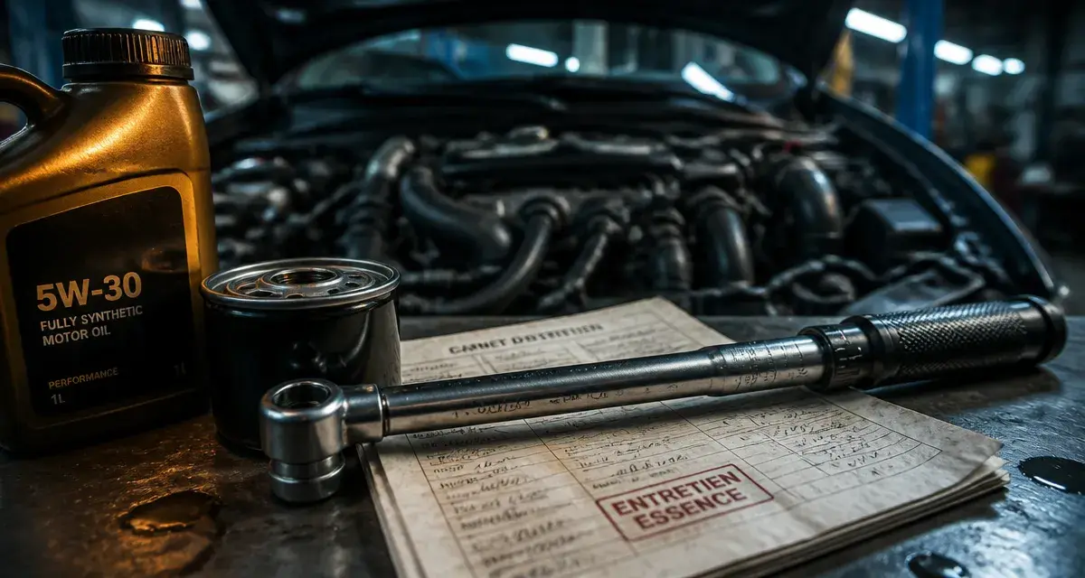 Entretien voiture essence : clé dynamométrique, huile et filtre en atelier