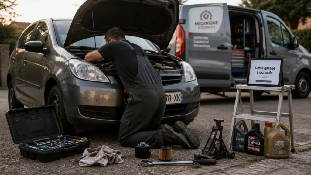 Garage a domicile : mécanicien genou au sol, voiture capot ouvert et outils