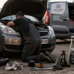 Garage a domicile : mécanicien genou au sol, voiture capot ouvert et outils