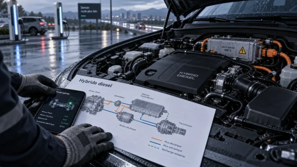 Hybride diesel : technicien, boîtier batterie et recharge pour SUV