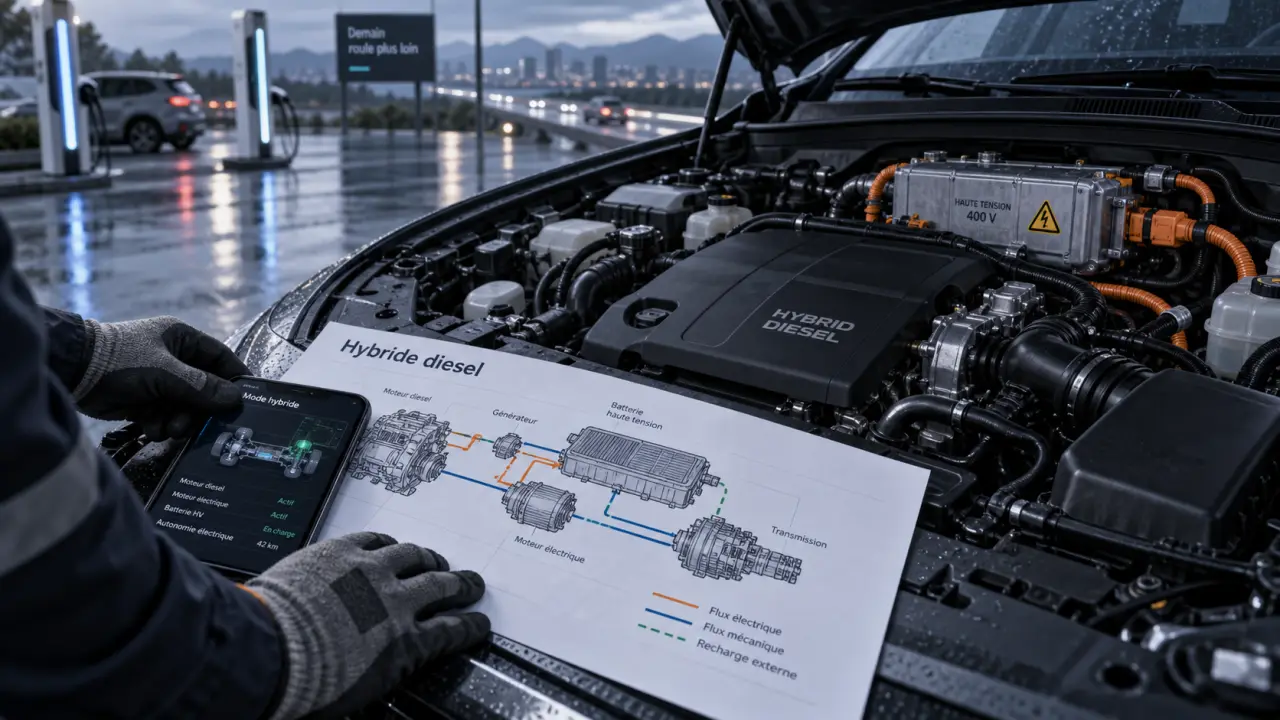 Hybride diesel : technicien, boîtier batterie et recharge pour SUV