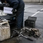 Mécanique à domicile : mécanicien vérifie la voiture sous le capot, parking privé