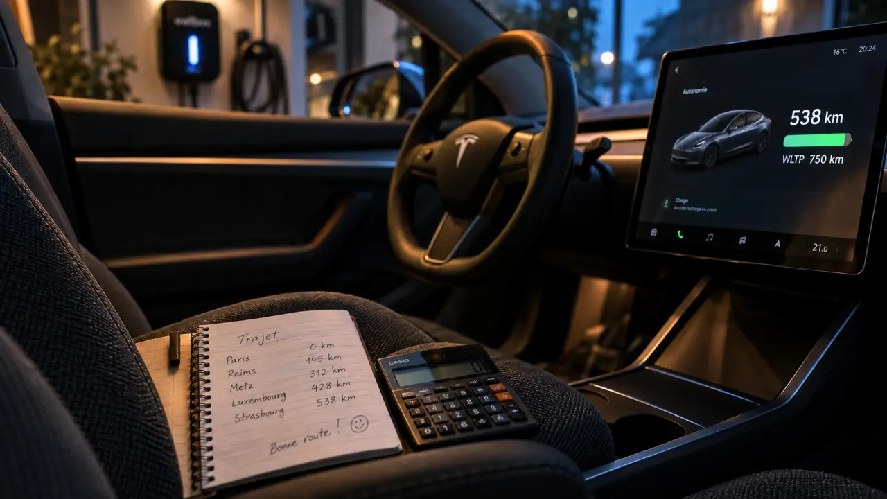Model 3 grande autonomie propulsion : jauge 538 km vs WLTP 750 km