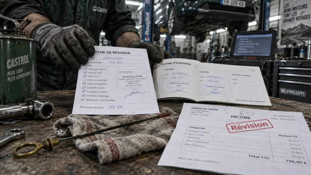 Révision voiture quand : fiche d’entretien sur établi atelier