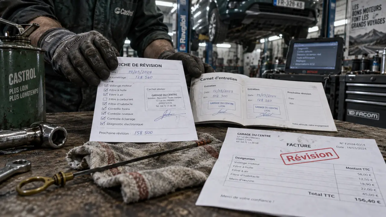 Révision voiture quand : fiche d’entretien sur établi atelier