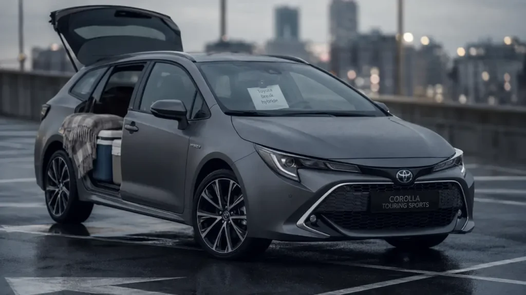 Toyota break hybride Corolla Touring Sports avec coffre ouvert, 581 litres